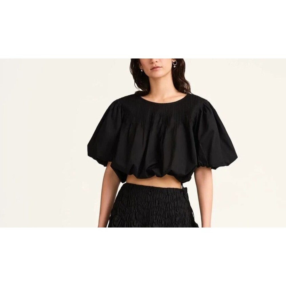 ❤️ Merlette NYC Azalea Cropped Blouse Top Breezy Black Pintuck Cotton S 281294